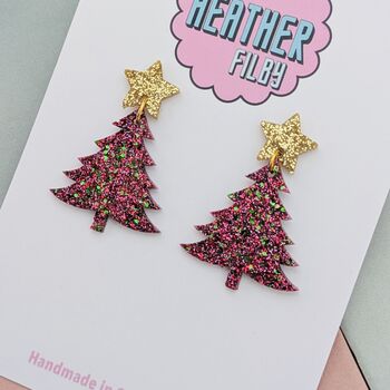 Red And Green Glitter Christmas Tree With Gold Star Topper Earrings, 2 of 5