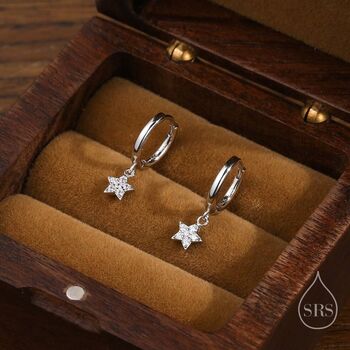Sterling Silver Delicate Cz Star Huggie Hoop Earrings, 2 of 10