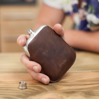Personalised Leather Steel Hip Flask And Cufflink Set, 4 of 9