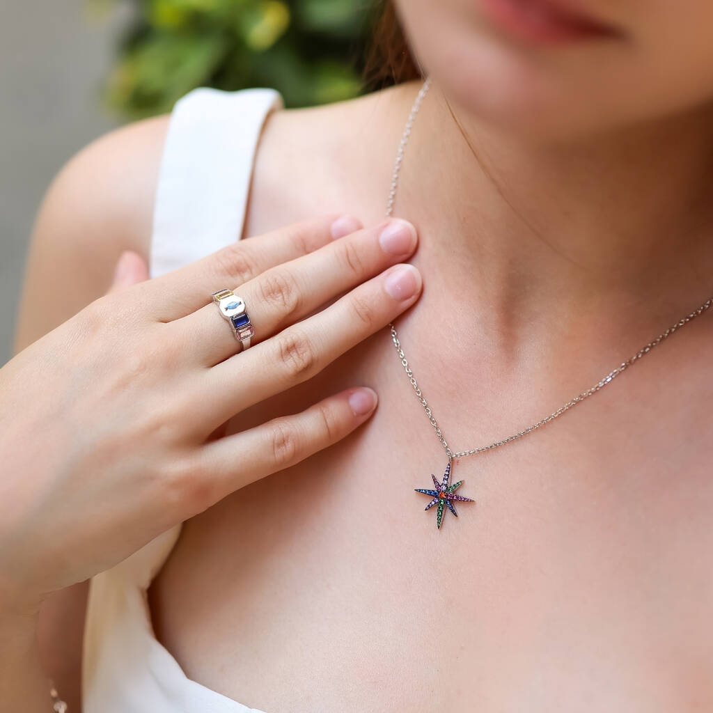 Sterling Silver Rainbow Starburst Necklace, 1 of 5