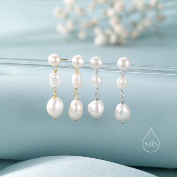 Sterling Silver Irregular Shaped Freshwater Pearl Trio Drop Hook Earrings, 5 of 12