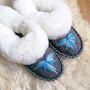 Peacock Blue Handmade Sheepskin Moccasin Slippers, thumbnail 6 of 7