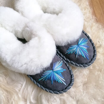 Peacock Blue Handmade Sheepskin Moccasin Slippers, 6 of 7