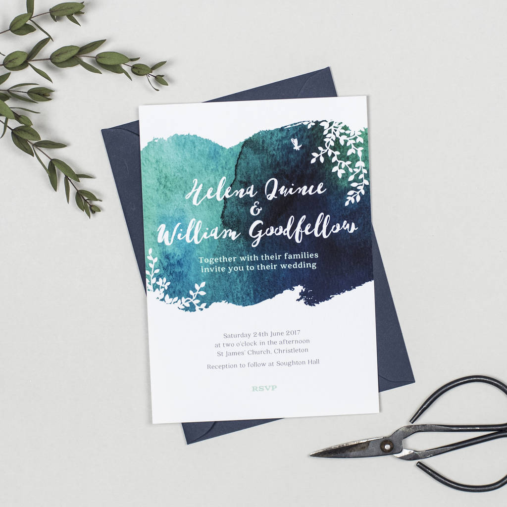 Helena Navy Botanical Watercolour Wedding Invitations, 1 of 4