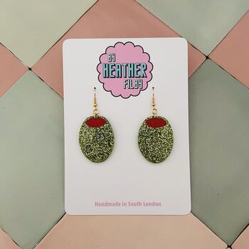 Green Olive Resin Drop Earrings / Italian Summer Gift For Cocktail Lovers, 2 of 6