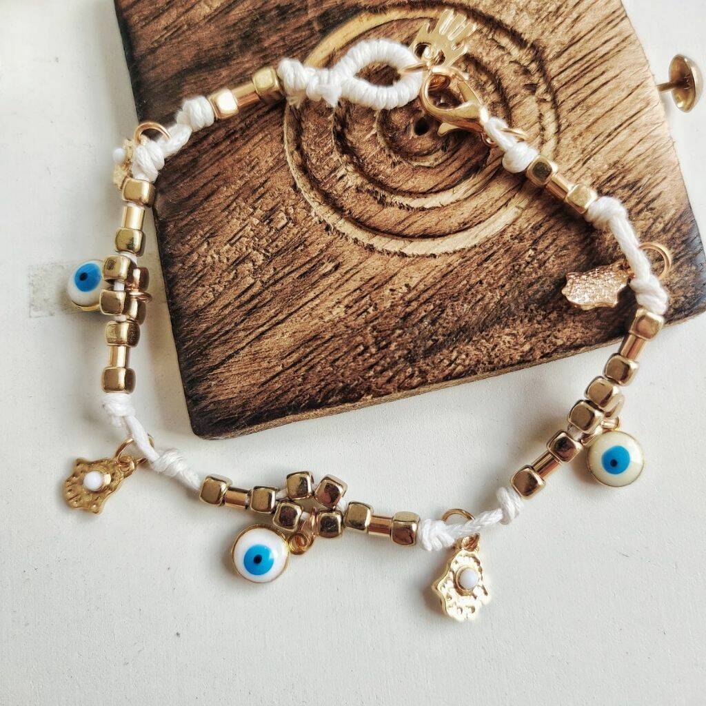 Handmade Blue And White Evil Eye Fatima Hamsa Bracelet By The Colourful ...