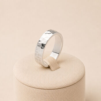 Personalised Flat Sterling Silver Hammered Wedding Ring Band – 5mm, 3 of 10