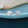 Sterling Silver Seashell And Starfish Stud Earrings, thumbnail 2 of 11