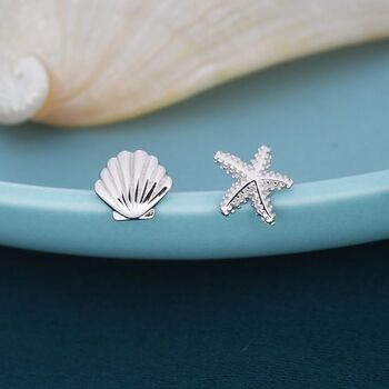 Sterling Silver Seashell And Starfish Stud Earrings, 2 of 11