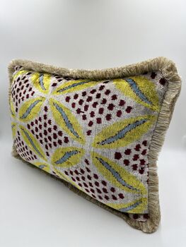 Modern, Oblong, Velvet, Ikat, Cushion With Cream Silk Tassels Blue, Yellow, Burgundy And Cream Abstract Design, 3 of 8