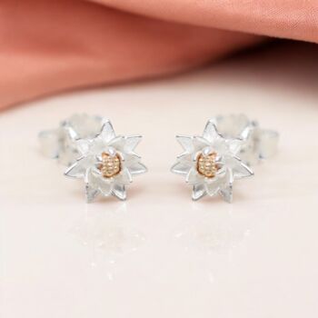 Sterling Silver July Birth Flower Lotus Water Lily Stud Earrings, 3 of 4