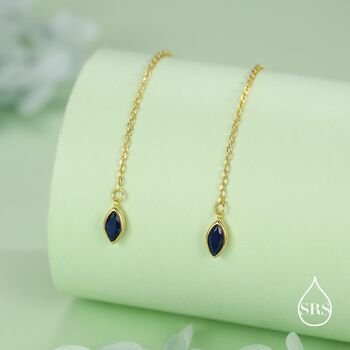 Tiny Sapphire Blue Marquise Cz Threader Earrings In Sterling Silver, 2 of 11