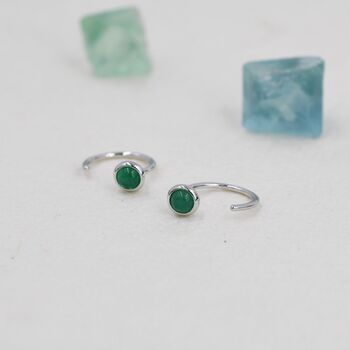 Sterling Silver Genuine Green Onyx Huggie Hoop Earrings, 3 of 10