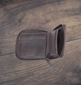 Men's Brown Leather Wallet Zip Around Rugged Leather Rfid Protected, 6 of 7