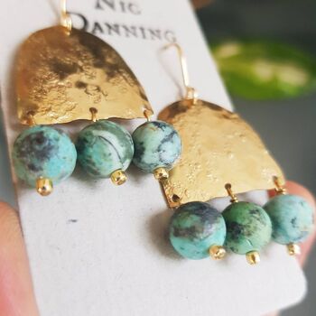 'Titans Gaia' Turquoise And Hand Beaten Brass Earrings, 4 of 4
