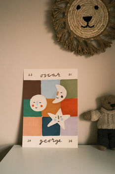 Personalised Illustrated Name Print With Moons And Stars And Patchwork, 11 of 11