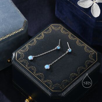 Double Blue Opal Dangle Chain Stud Earrings, 2 of 11