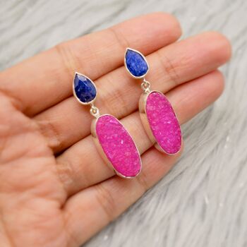 Blue Sapphire, Pink Druzy Agate Silver Earrings, 5 of 7