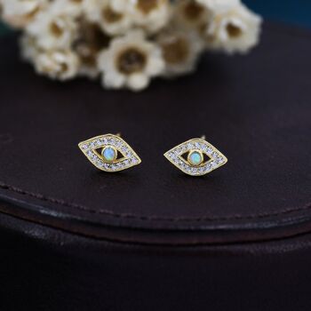 Sterling Silver Blue Opal Evil Eye Stud Earrings, 8 of 11