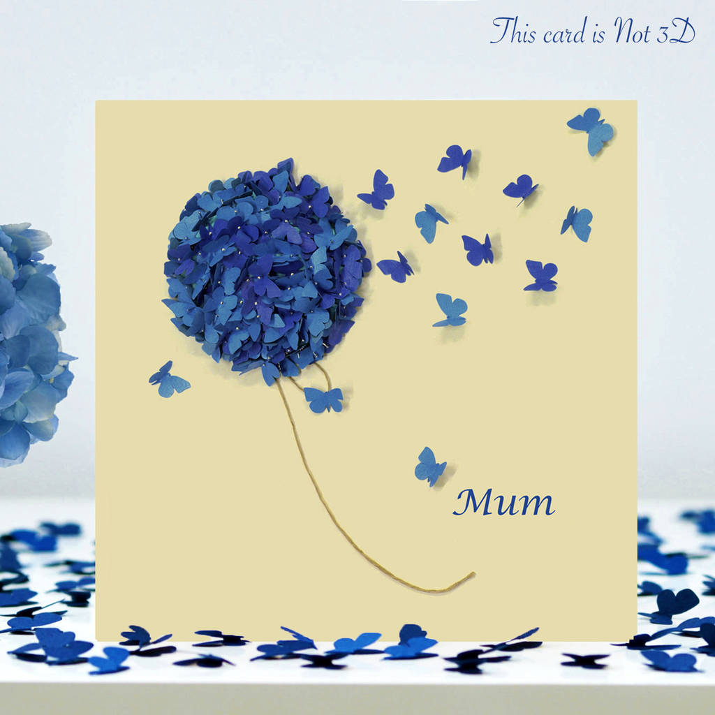 Butterfly And Blue Hydrangea Mum Birthday Card, 1 of 9