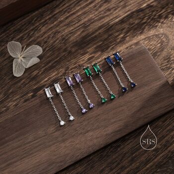 Baguette Cz Dangle Chain Stud Drop Earrings, 8 of 12