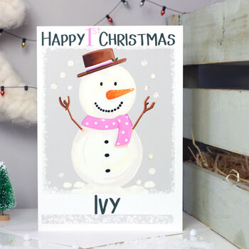 Personalised Snowman Baby 1st Christmas Card, 7 of 8