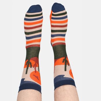 Men's Bamboo Socks Blue Orange Desert Cactus, 3 of 7