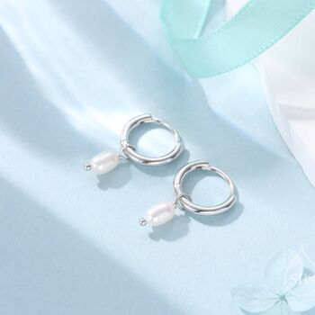 Sterling Silver Genuine Oval Pearl With Skinny Hoop Earrings, 2 of 11