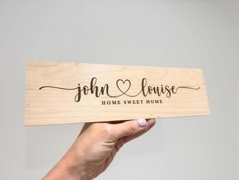 Personalised Engraved Wooden Sign – Slim Plywood ‘Home Sweet Home’ Plaque With Names, 4 of 4