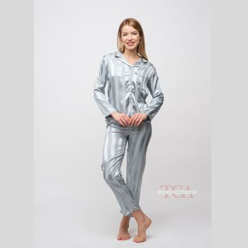 Beige Stripe Satin Women's Silk Sleepwear Pyjama Set, 4 of 12