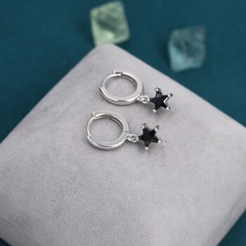 Sterling Silver Black Cz Star Huggie Hoop Earrings, 3 of 12