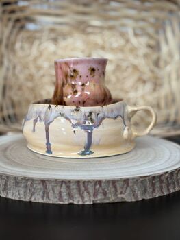 Handmade Porcelain Espresso Cup And Saucer Blush Pink And Cream With Drip Glaze, 2 of 6