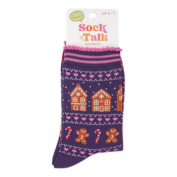 Gingerbread Candy Canes Christmas Socks Bamboo Women's Navy Red, 3 of 3