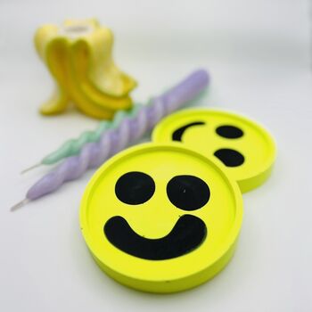 Smiley Face Coasters/ Trays Neon Yellow Set Of Two, 2 of 12