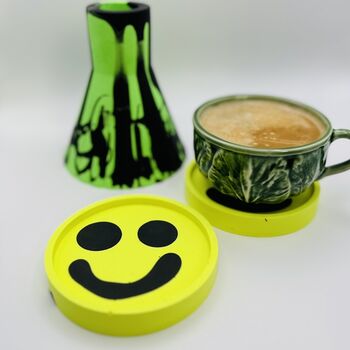 Smiley Face Coasters/ Trays Neon Yellow Set Of Two, 11 of 12