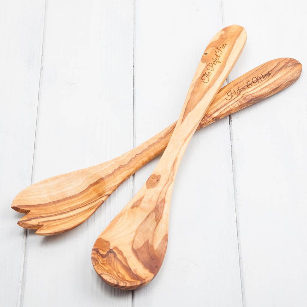 Personalised Olivewood Salad Servers By British and Bespoke