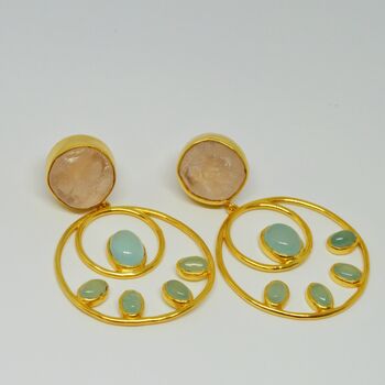 Raw Rose Quartz, Aqua Chalcedony Gold Earrings, 3 of 7