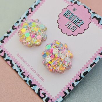 Sea Shell Glitter Resin Stud Earrings Pink, Blue And Coral, 11 of 12