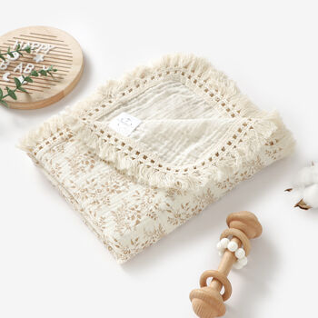 Neutral Floral Organic Cotton Tassel Baby Blanket, 4 of 4