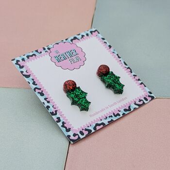 Holly Glitter Christmas Stud Resin Earrings, 2 of 4