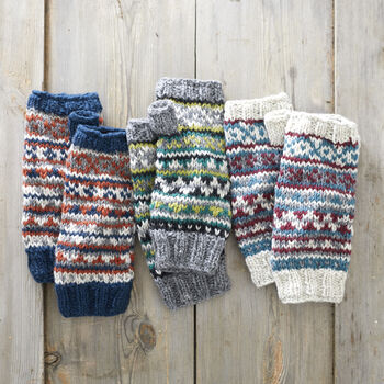 Fair Trade Fair Isle Knit Wool Lined Wristwarmer Gloves, 5 of 12
