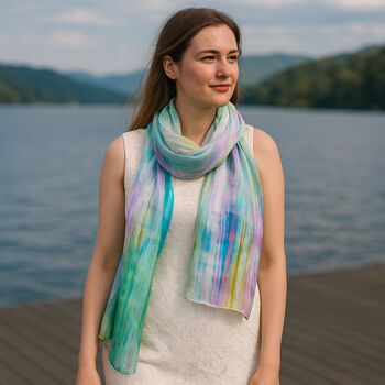 100% Mulberry Silk Scarf – Light Green And Rainbow In Gift Box, 2 of 10