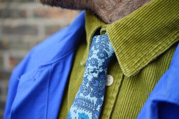 Mens Tonal Blues Bold Floral Print Slim Style Tie, 3 of 12
