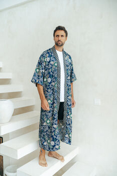Men’s Full Length Kimono Robe In Blue, 3 of 5
