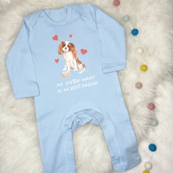 King Charles Cavalier Dog Sibling Personalised Babygrow, 7 of 8