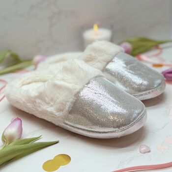Fluffy Faux Fur Slippers For Her – Silver Or Gold Sparkly Cosy Slippers, 2 of 12