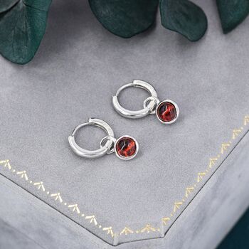 Sterling Silver Dangling Red Garnet Hoop Earrings, 8 of 11