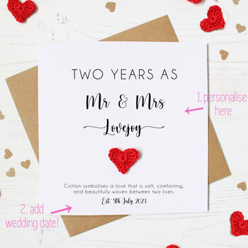 Personalised 2nd Anniversary Card With Cotton Heart, 6 of 8