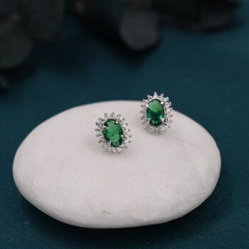 Emerald Green Oval Cz Stud Earrings In Sterling Silver, 2 of 11