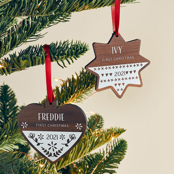 Personalised First Christmas Scandi Walnut Wood Bauble, 3 of 4